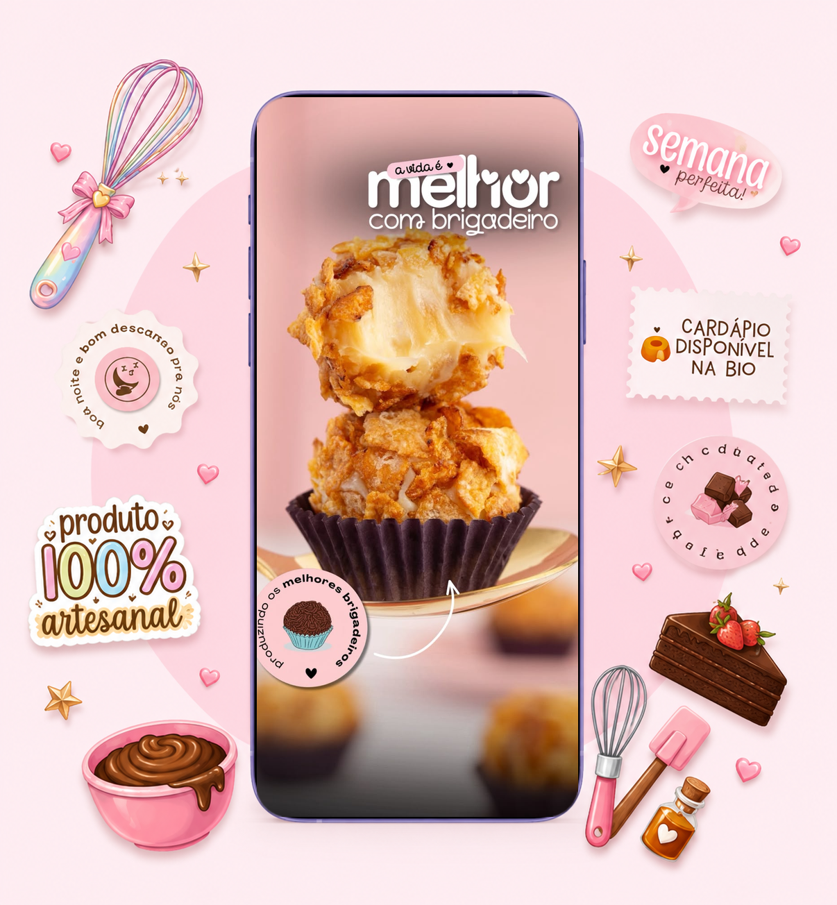 Celular com Story de brigadeiro montado no Doce Stories, cercado por figurinhas de confeitaria